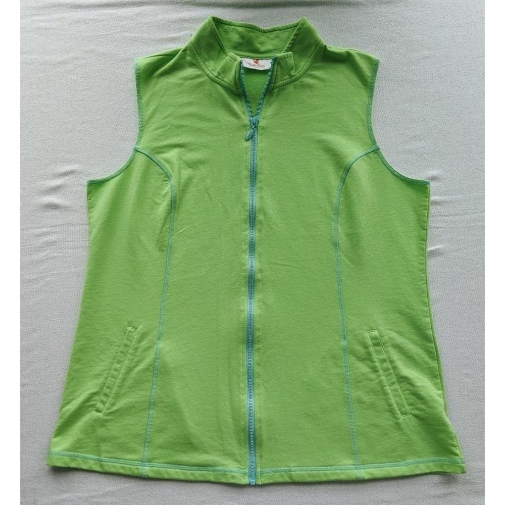 Quacker Factory Vest Women's Size Large Green Zip Spring Casual Lightweight Blue